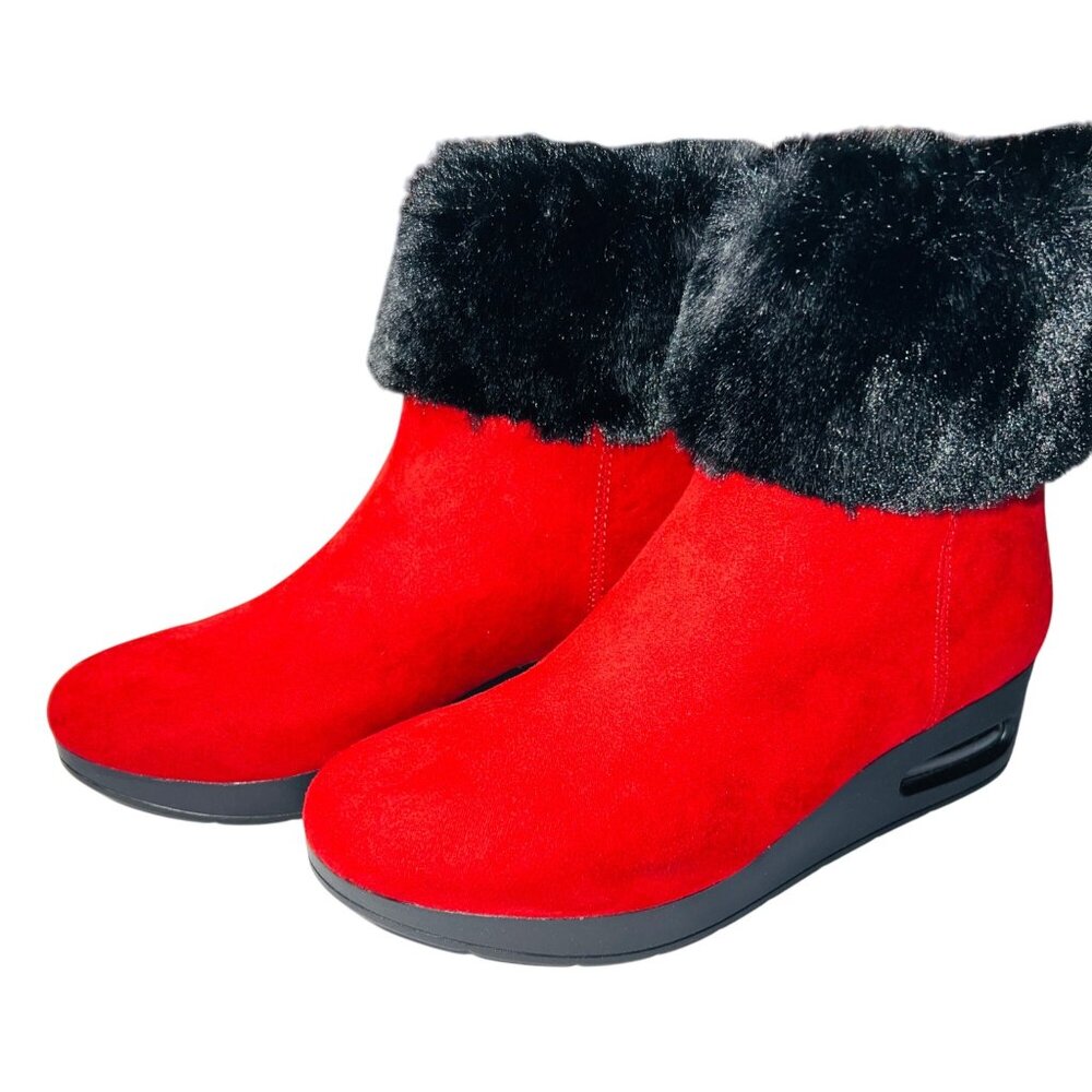 Abri Wedge Ankle Boots Faux Fur Trim Red & Black Womens Size 6.5 RN68596